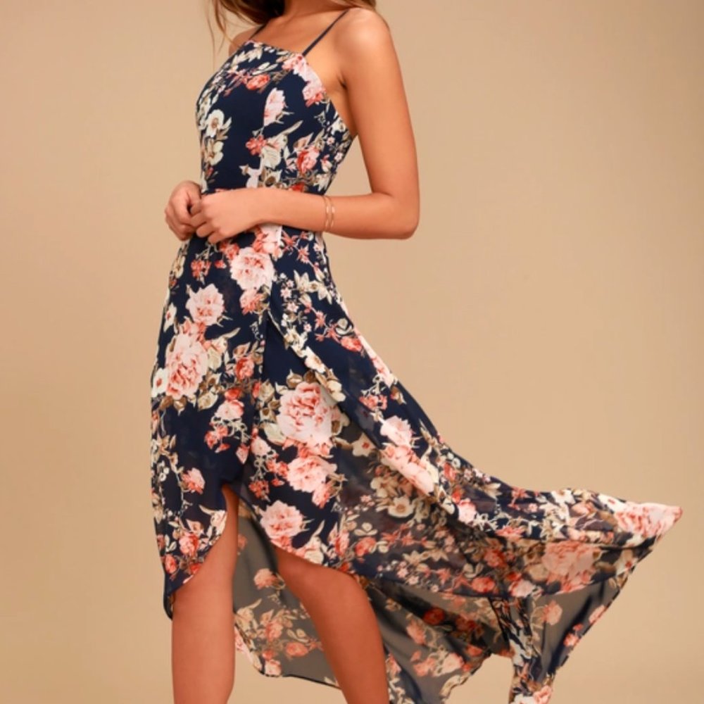 Navy floral high low dress w/ asymmetrical neck